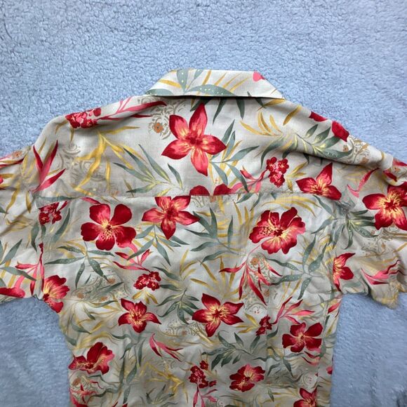 Mango Moon Shirt Men XXL Beige Button Up Floral Print Hawaiian Hibiscus - Picture 10 of 12